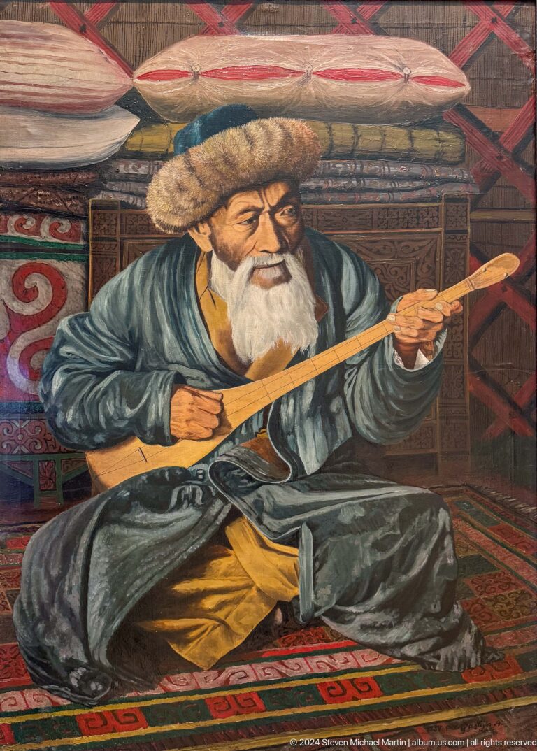 Elder musician playing long-necked lute.
