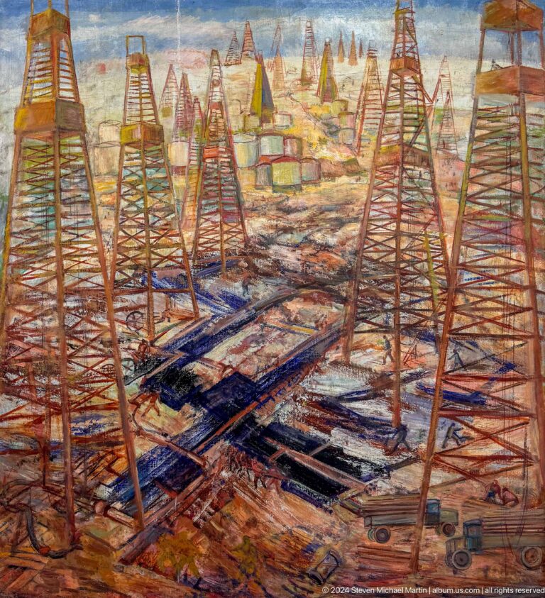 Industrial oil field with derricks and workers.