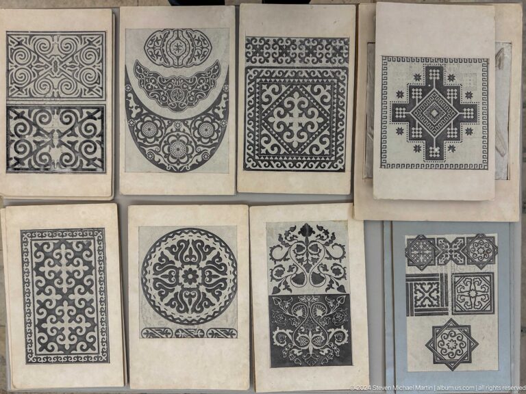 Framed black and white ornamental studies.