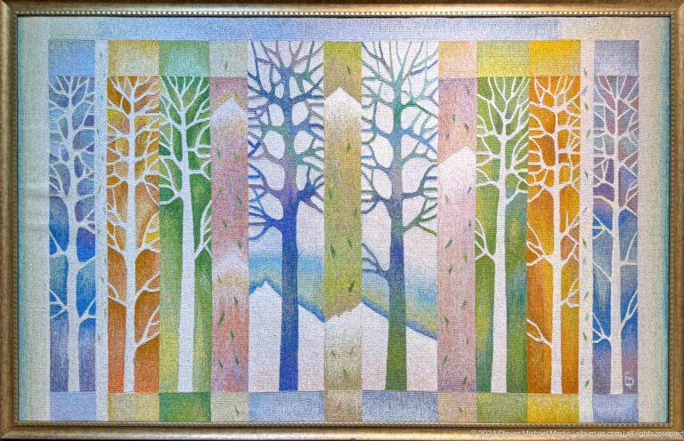 Pastel forest textile with vertical trees.