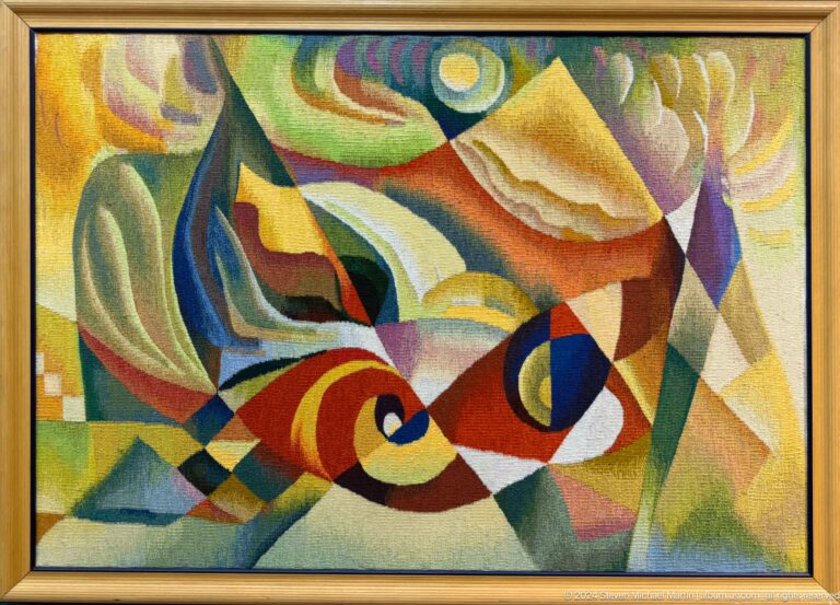 Abstract painting with sweeping multicolored forms.