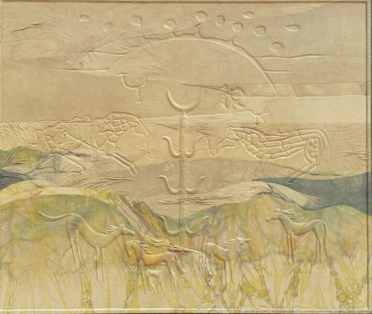 Pale low-relief pastoral scene.