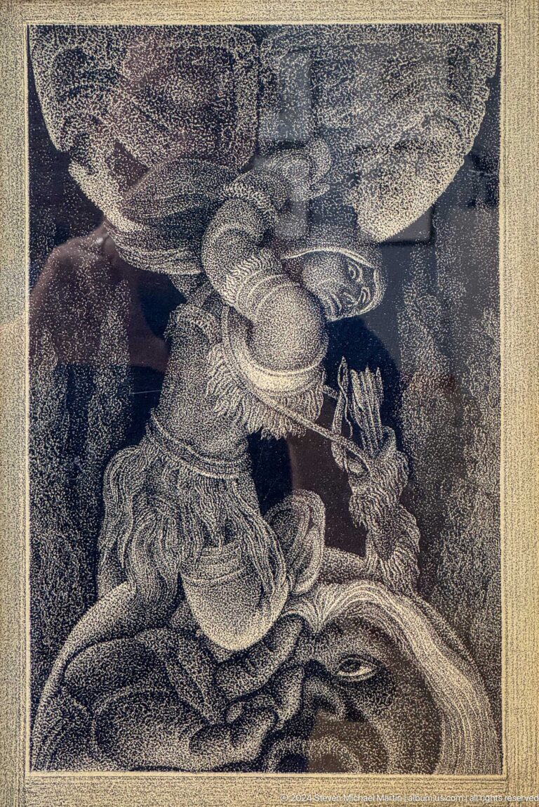 Monochrome graphic of bowed human figure.