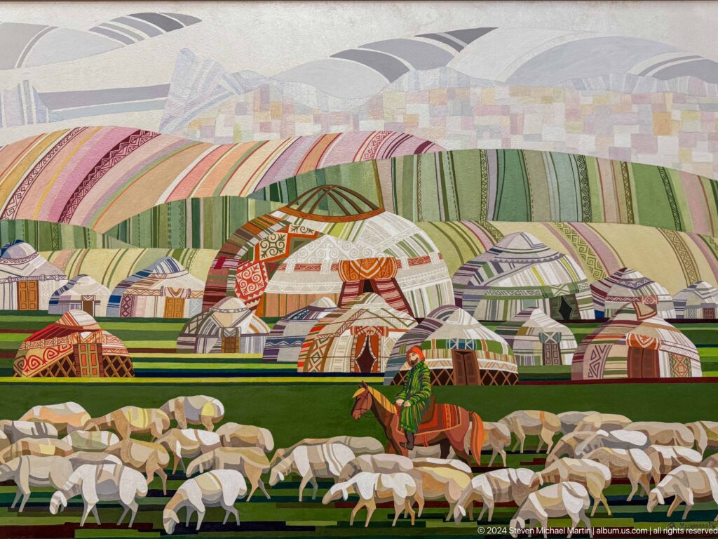 Large textile panorama of settlement and fields.