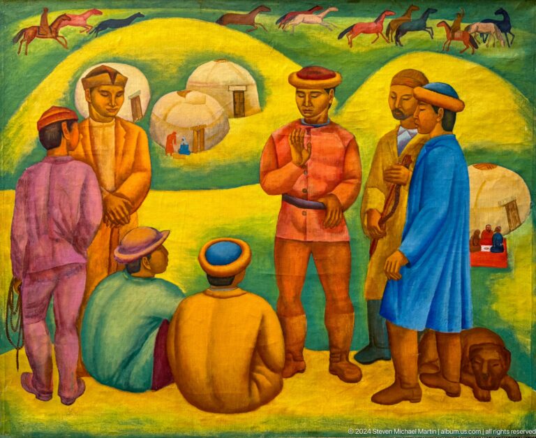 Group of brightly dressed rural figures.