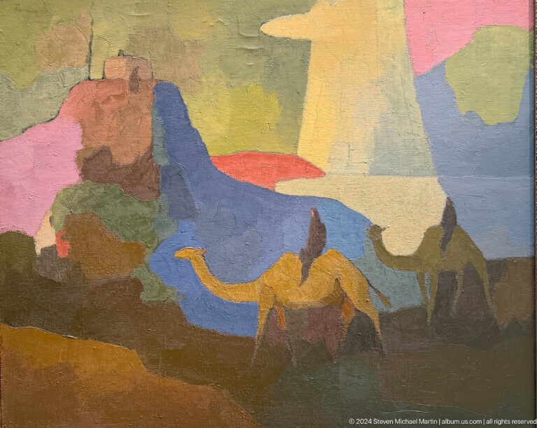Abstract composition of broad muted color shapes.