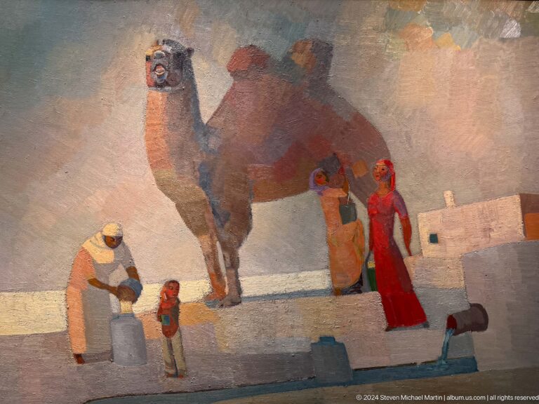 Figures gathered around large red-brown form.