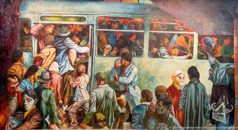 Crowded historical or social scene.