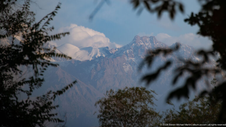 Snowy Tian Shan peaks of the Trans-Ili Alatau seen through dark tree branches from Kok Tobe.