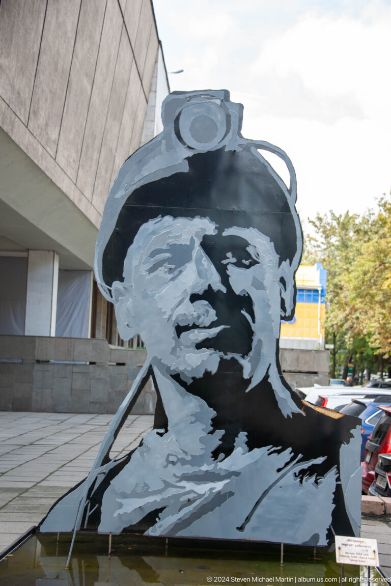 Black-and-white portrait mural of soldier in Bishkek, Kyrgyzstan.