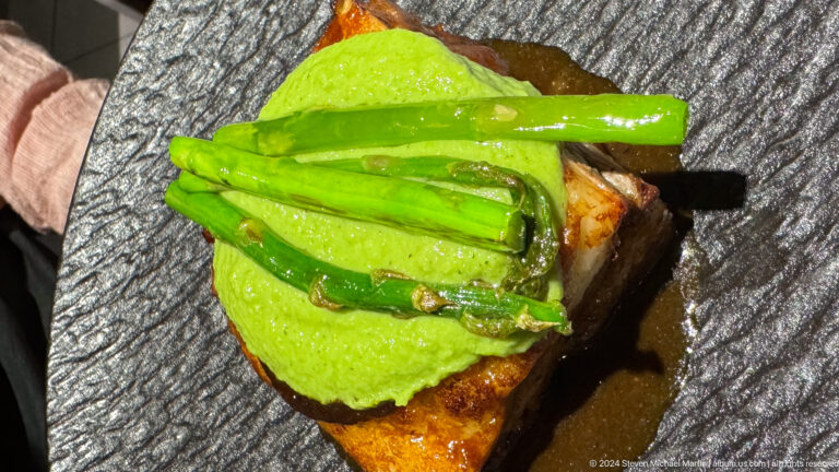 Toast topped with avocado and green peppers in Bishkek, Kyrgyzstan.