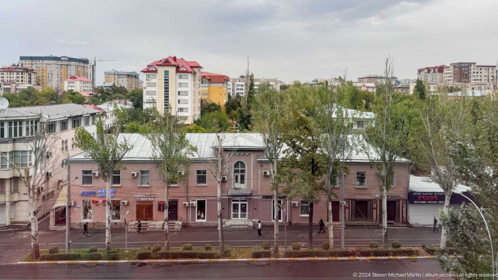 Low-rise city buildings viewed from above in Bishkek, Kyrgyzstan.