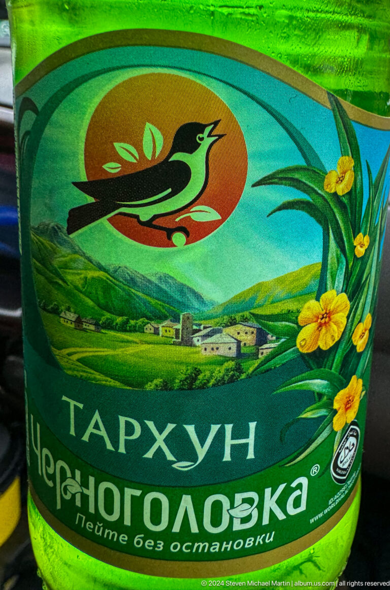 Bright textile printed with mountains and flowers in Bishkek, Kyrgyzstan.