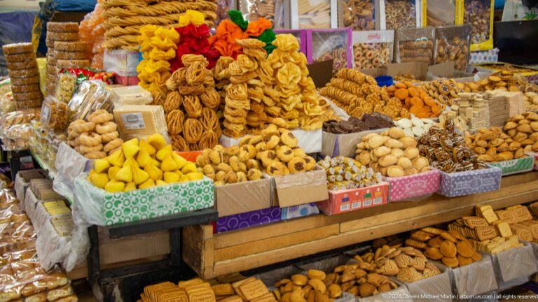 Large display of dried pasta and snacks in Bishkek, Kyrgyzstan.
