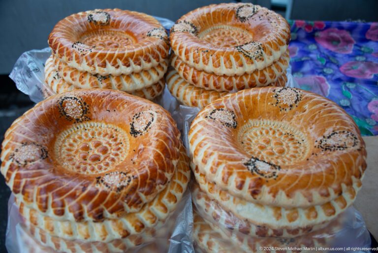 Stack of round decorated breads in Bishkek, Kyrgyzstan.