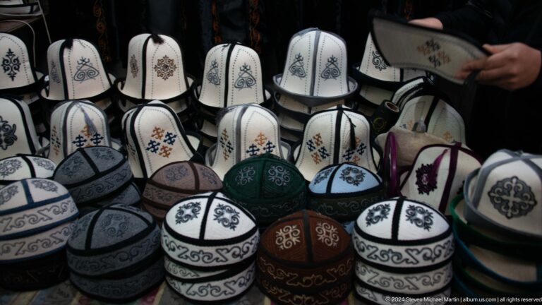 Display of white felt kalpak hats in Bishkek, Kyrgyzstan.