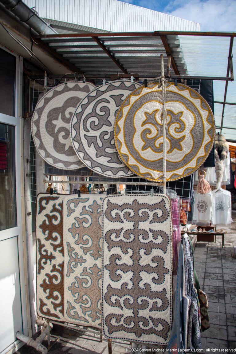 Felt rugs with circular and horn-shaped motifs in Bishkek, Kyrgyzstan.