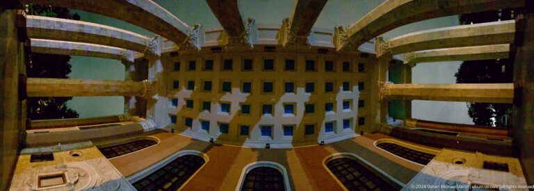 Upward view into geometric coffered canopy in Bishkek, Kyrgyzstan.