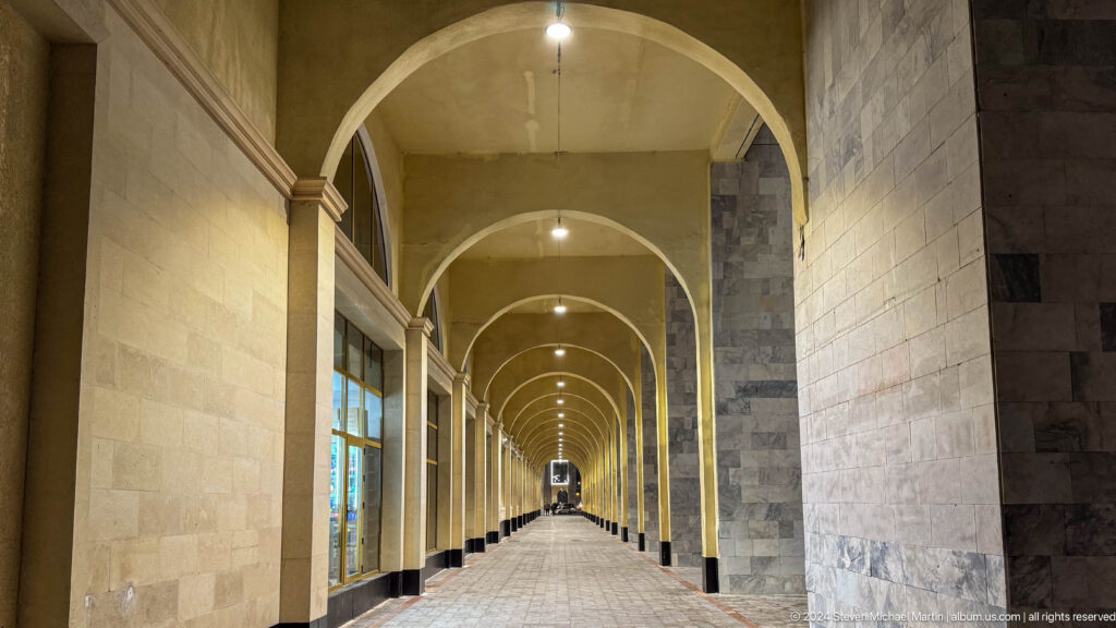 Long vaulted stone colonnade in Bishkek, Kyrgyzstan.