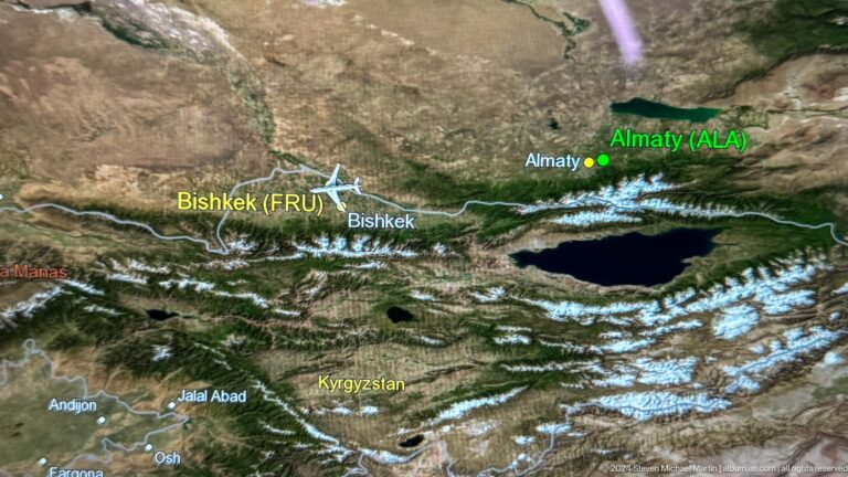 Satellite-style map labeled Bishkek and Almaty in Bishkek, Kyrgyzstan.