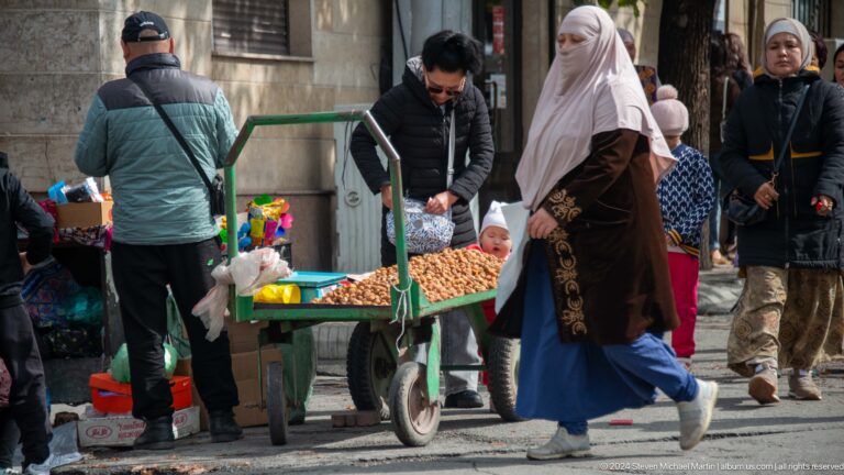 Street vendor preparing food beside woman in Bishkek, Kyrgyzstan.