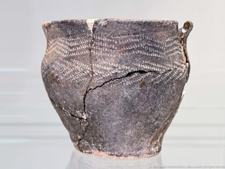 Dark pottery vessel bearing dense textile-like impressions.