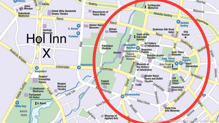 Printed city map with red circle around central Bishkek.