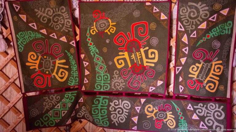 Dark square cushions display colorful floral and geometric embroidery