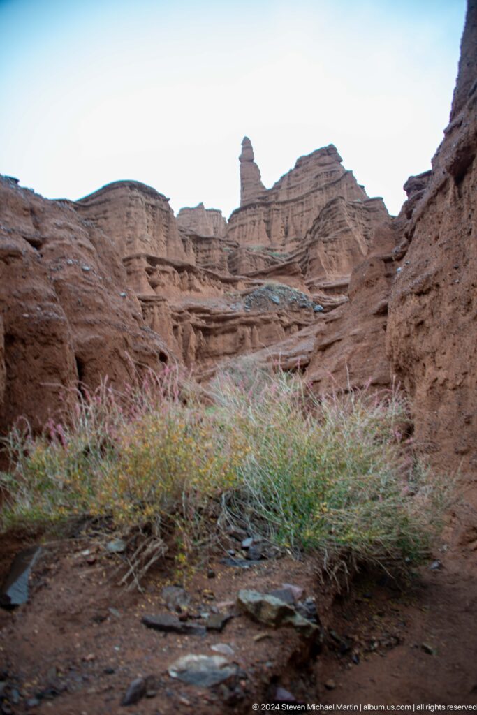 Wide interior view of stratified red canyon and grasses.