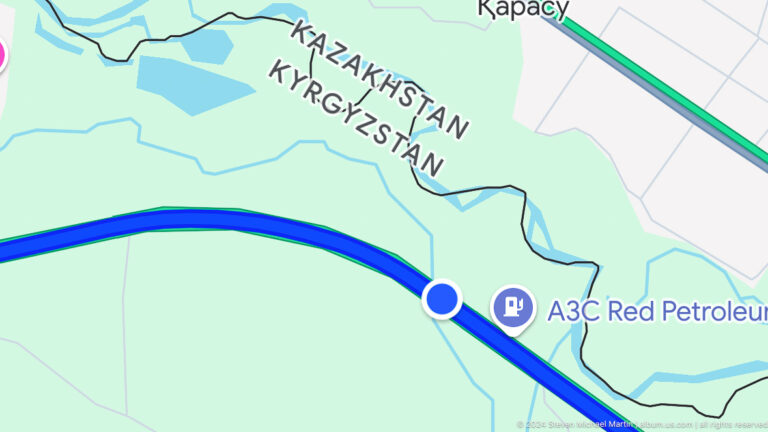 Map screenshot showing route near Kazakhstan-Kyrgyzstan border.