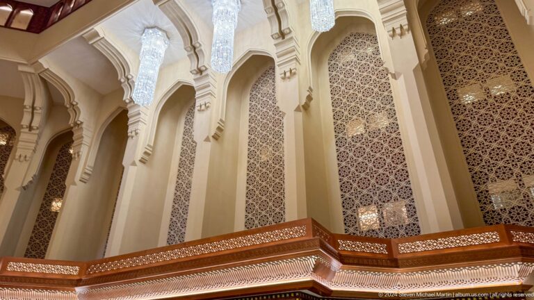 Ornate wall panels and arches in grand interior in Muscat, Oman.