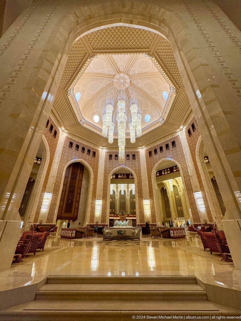 Grand chandelier and arched hall in Muscat, Oman.