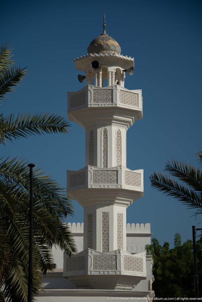 Ornate white minaret framed by palm fronds in Muscat, Oman.