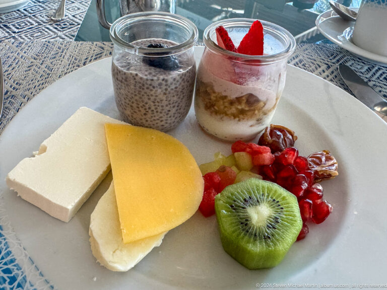 Breakfast plate with cheese fruit and yogurt in Muscat, Oman.