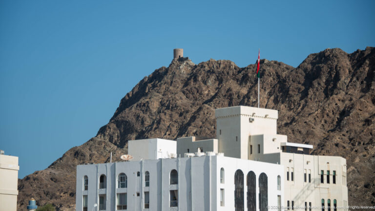 White government building with flag below mountains.