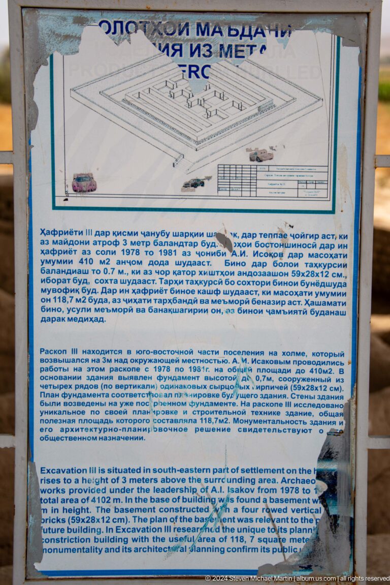 Close-up of an interpretive panel for a Sarazm excavation sector, showing a site plan diagram and long text in multiple languages.