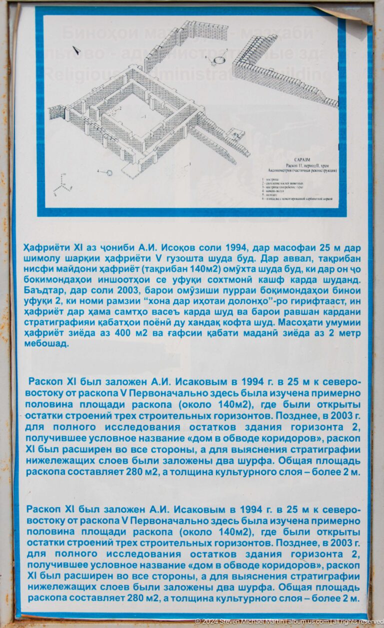 Close view of a multilingual interpretive panel at Ancient Sarazm presenting excavation history, with English text in the lower portion.