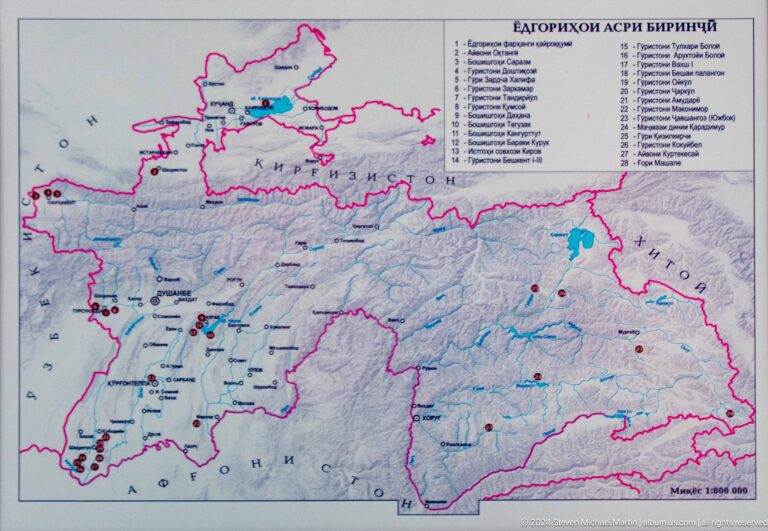 Museum display of a Central Asian regional map with colored routes, legend, and bilingual title related to Sarazm.