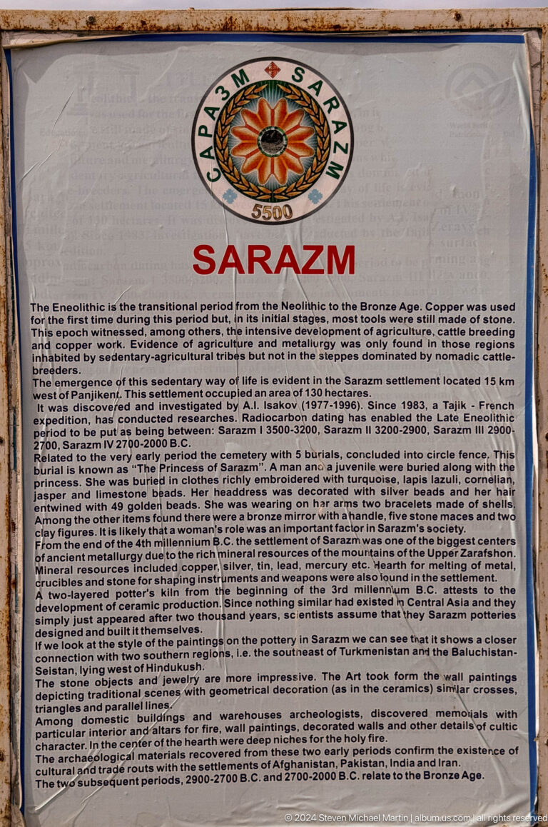 Interpretive panel headed “SARAZM” summarizing the chronology and excavation history of Ancient Sarazm.