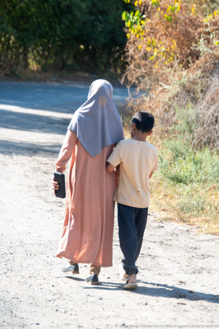 Adult and child walking hand in hand.