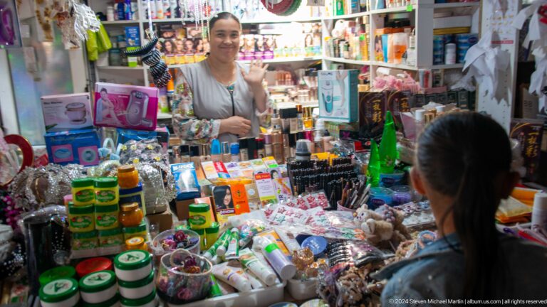 Small shop selling cosmetics and packaged personal goods.