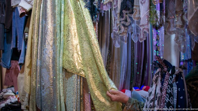 Shopper examining shimmering embroidered fabric.