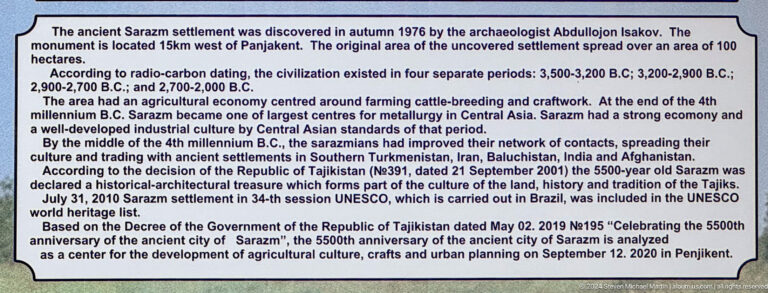 English museum panel describing the discovery, chronology, economy, and UNESCO importance of ancient Sarazm.