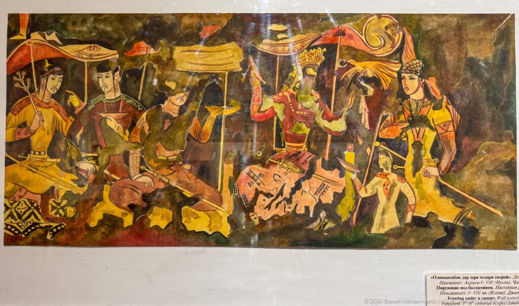Colorful modern painting of a seated ruler surrounded by musicians and attendants.