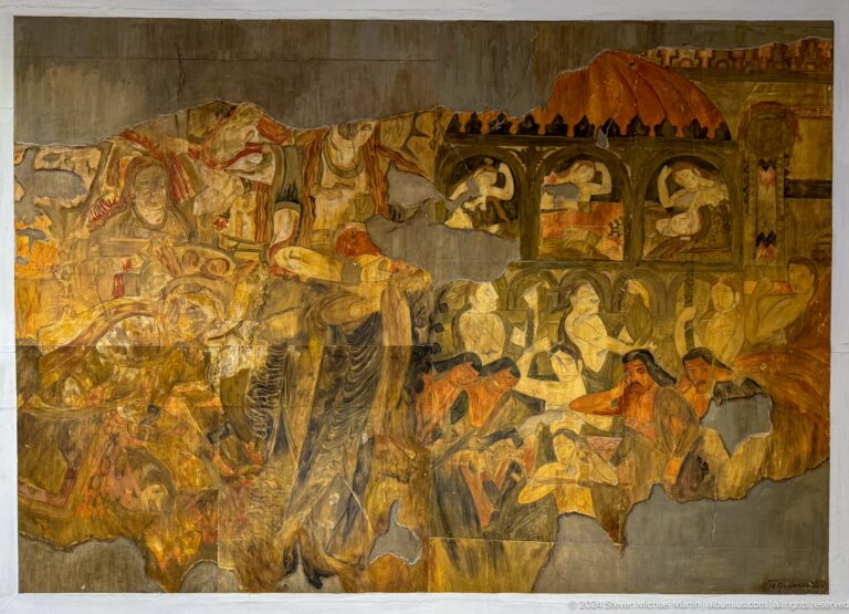Large ocher-toned mural reconstruction with many figures arranged in architectural compartments.