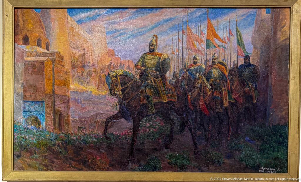 Colorful painting of mounted warriors carrying banners across a landscape.