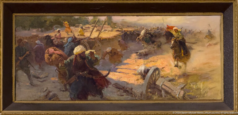 Painting of mounted fighters and fallen figures in a dusty battle landscape.
