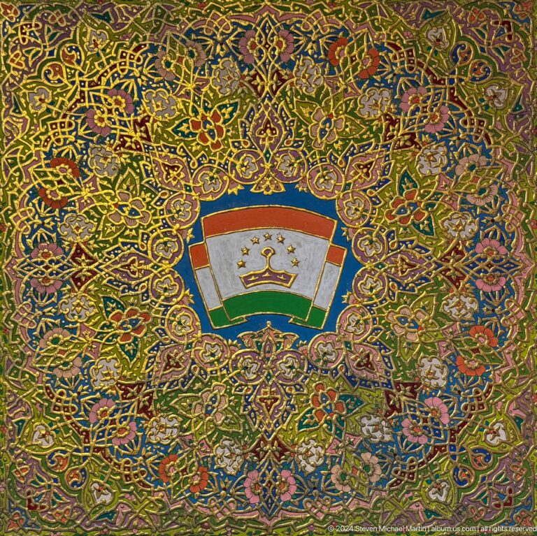 Large embroidered map of Tajikistan surrounded by dense floral ornament.