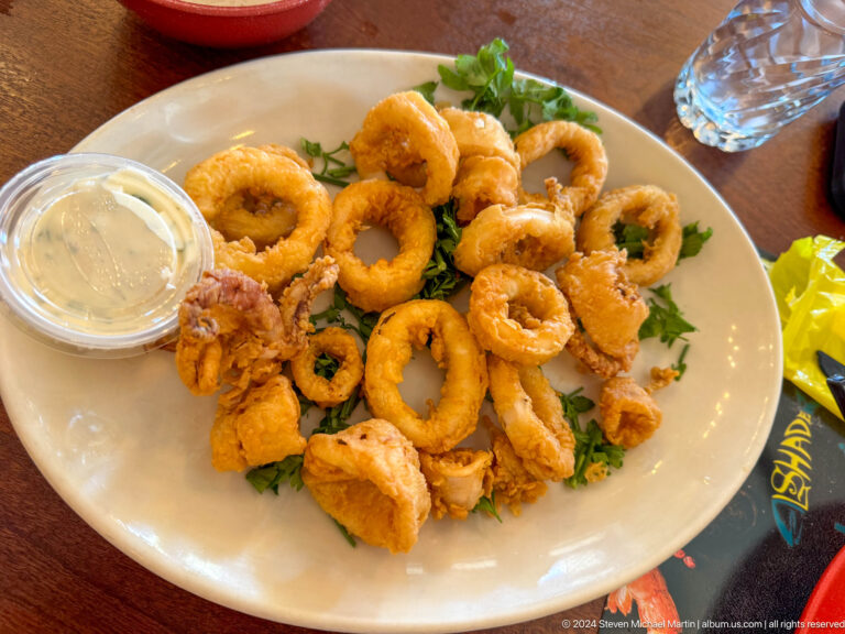 Plate of golden fried squid rings and tentacles piled on greens with a small bowl of creamy dipping sauce.