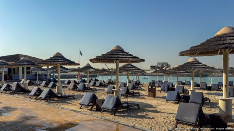 Daytime view of a managed beach club in Abu Dhabi with rows of dark lounge chairs and straw-topped parasols on a sandy shore facing the water.